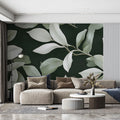 Minimalist Botanical Leaf Mural Wallpaper — Dark Forest Green Mural Wallpaper - pure wallpaper artwork