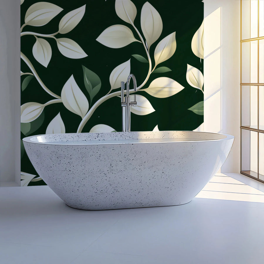 Botanical Vine Mural Wallpaper — Deep Green and White Leaf Pattern Mural Wallpaper