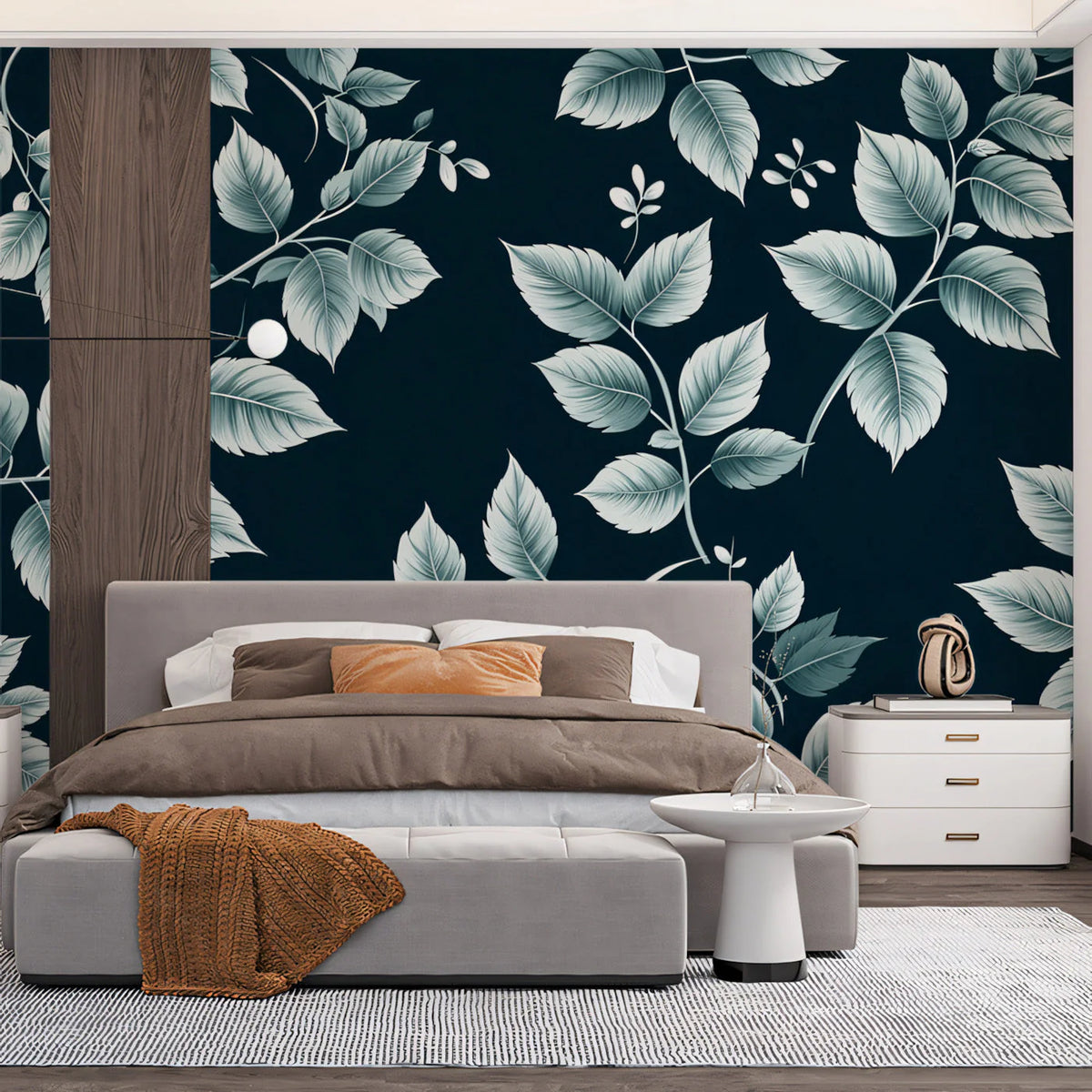Botanical Leaf Mural Wallpaper in Midnight Blue — Elegant Foliage Mural Wallpaper - pure wallpaper artwork