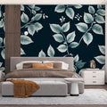 Botanical Leaf Mural Wallpaper in Midnight Blue — Elegant Foliage Mural Wallpaper - pure wallpaper artwork