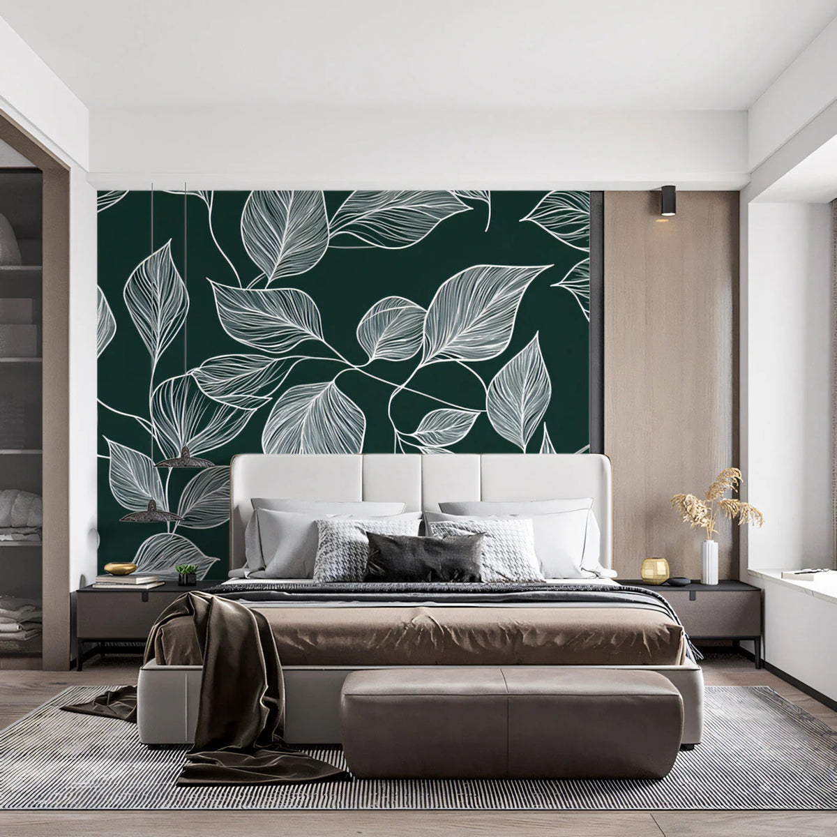 White Leaf Line Art Mural Wallpaper — Sophisticated Botanical Mural Wallpaper - pure wallpaper artwork
