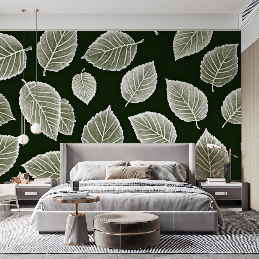 Minimalist Botanical Leaf Mural Wallpaper — Dark Forest Green Mural Wallpaper