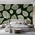 Minimalist Botanical Leaf Mural Wallpaper — Dark Forest Green Mural Wallpaper - pure wallpaper artwork