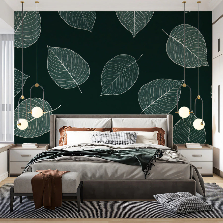 Minimalist Leaf Skeleton Mural Wallpaper — Deep Forest Green Mural Wallpaper