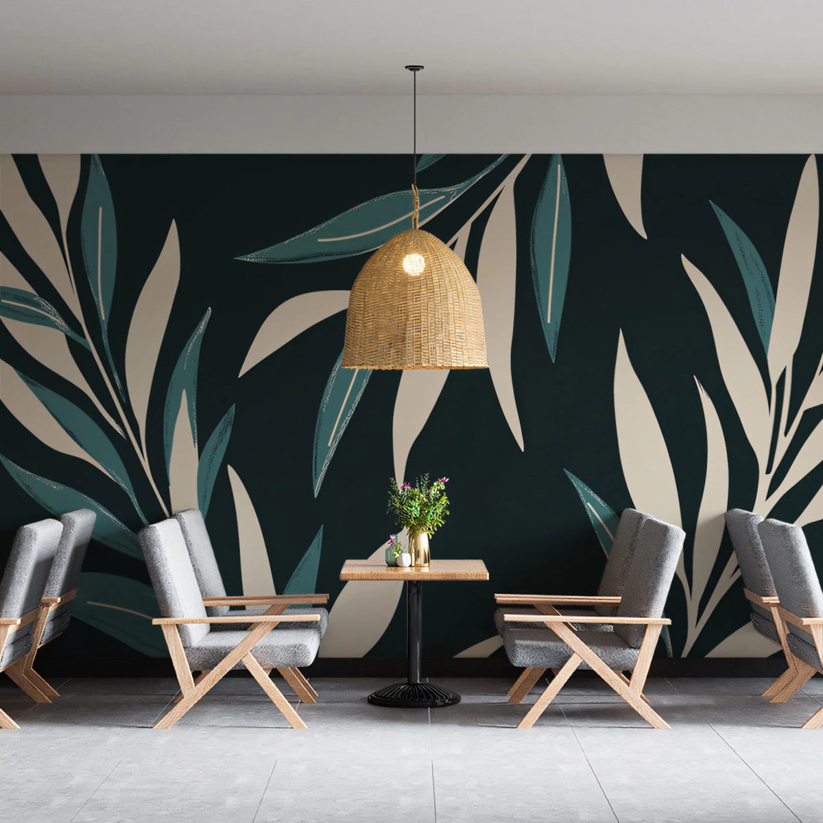 Minimalist Botanical Mural Wallpaper — Midnight and Sage Leaf Mural Wallpaper - pure wallpaper artwork