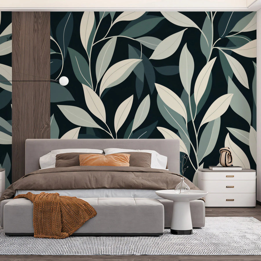 Midnight Foliage Mural Wallpaper — Modern Botanical Design Mural Wallpaper