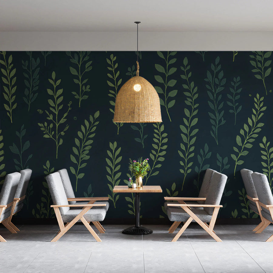 Slender Fern Leaf Mural Wallpaper —Moody Botanical Print Mural Wallpaper