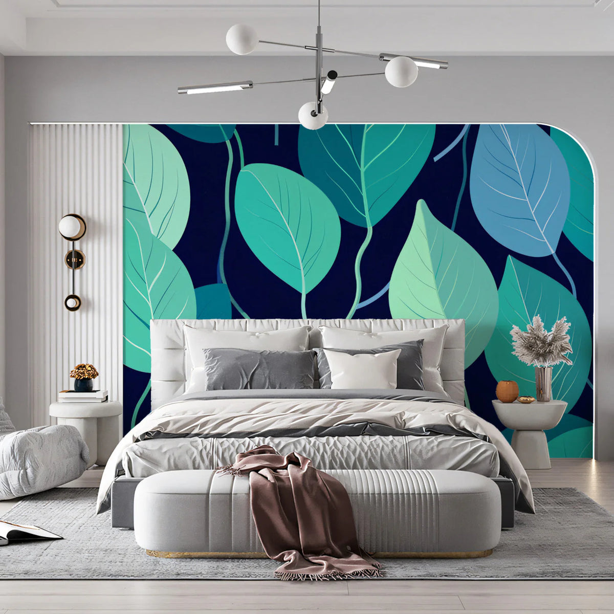 Teal and Navy Botanical Mural Wallpaper — Modern Leaf Pattern Mural Wallpaper - pure wallpaper artwork