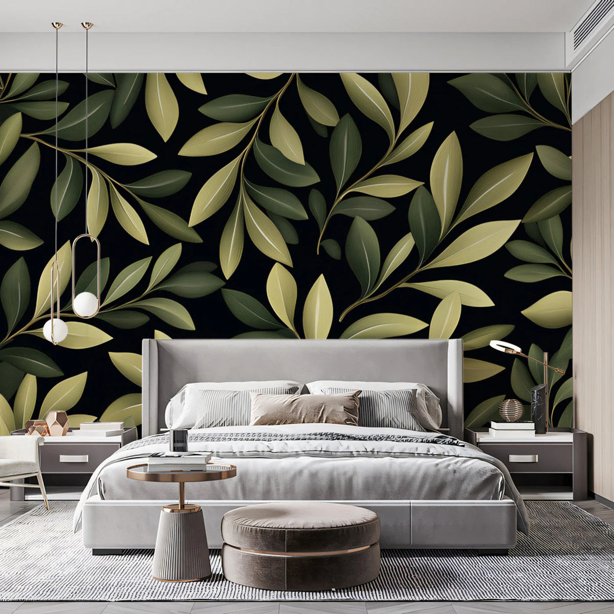 Olive Leaf Silhouette Mural Wallpaper — Dark Botanical Design Mural Wallpaper - pure wallpaper artwork