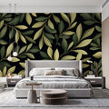 Olive Leaf Silhouette Mural Wallpaper — Dark Botanical Design Mural Wallpaper - pure wallpaper artwork