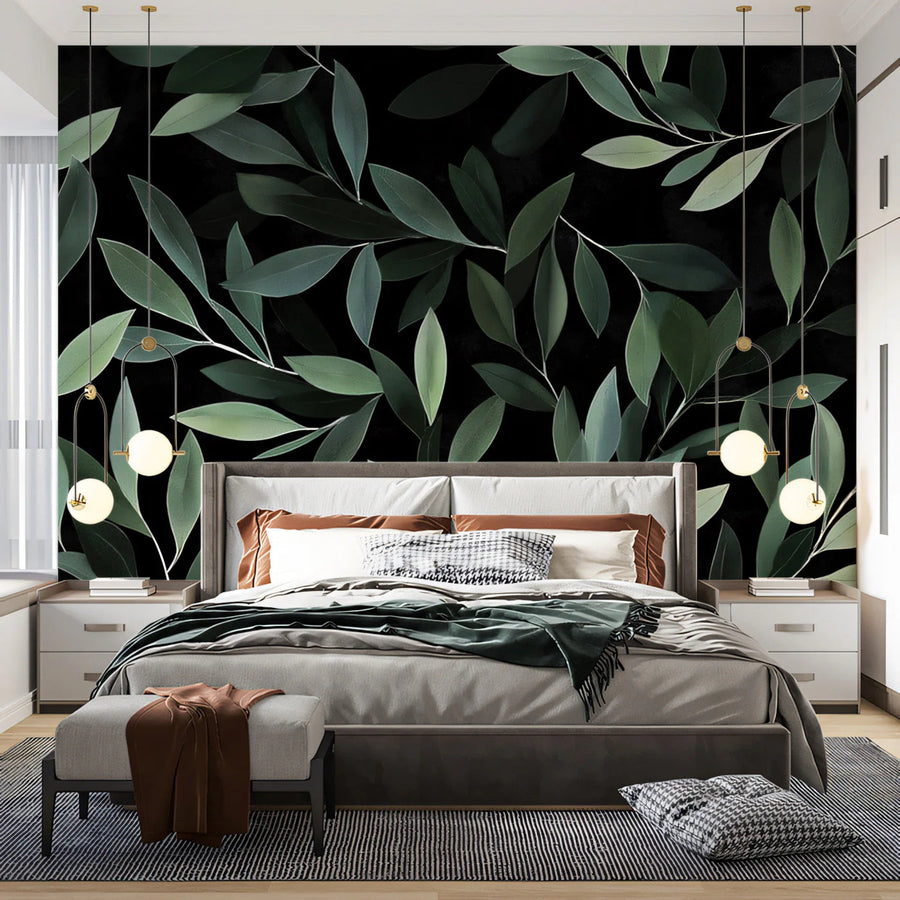 Botanical Leaf Mural Wallpaper — Moody Green Foliage on Black Mural Wallpaper