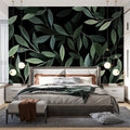 Botanical Leaf Mural Wallpaper — Moody Green Foliage on Black Mural Wallpaper - pure wallpaper artwork