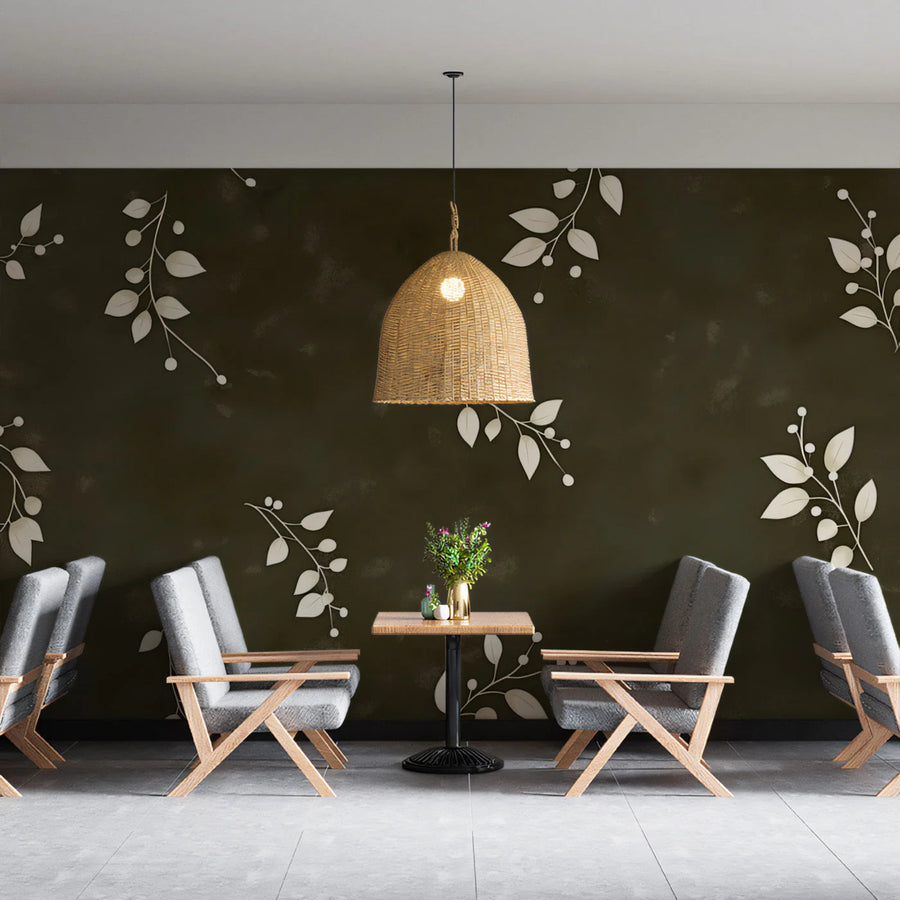 Olive Leaf Sprig Mural Wallpaper — Modern Minimalist Botanical Mural Wallpaper