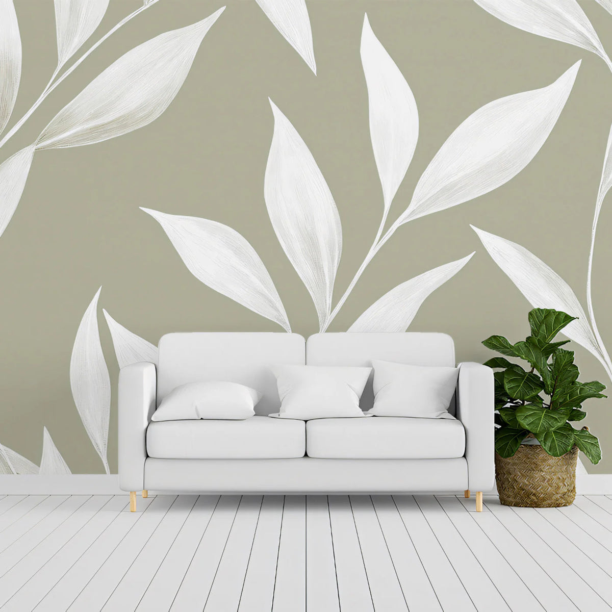 Minimalist Sage Green and White Leaf Mural Wallpaper - pure wallpaper artwork