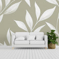 Minimalist Sage Green and White Leaf Mural Wallpaper - pure wallpaper artwork
