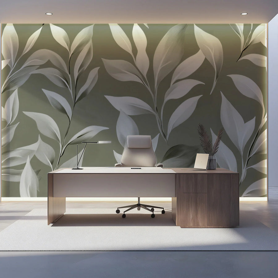 Minimalist Sage Green Leaf Mural Wallpaper — Modern Botanical Mural Wallpaper