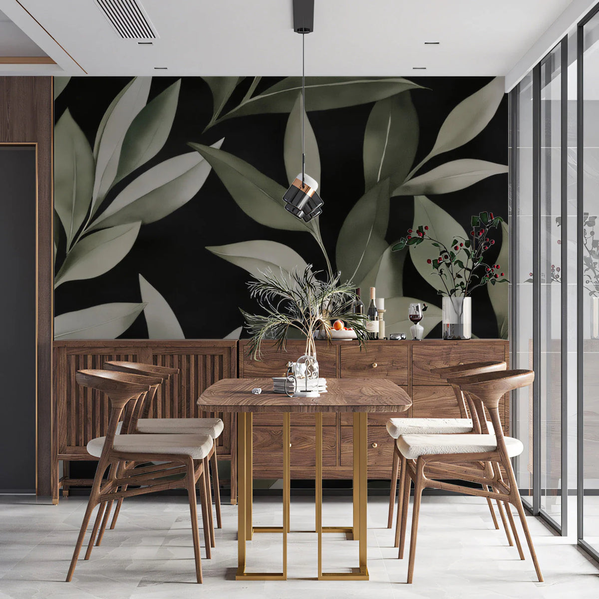 Botanical Leaf Mural Wallpaper — Moody Sage and Charcoal Green Mural Wallpaper - pure wallpaper artwork