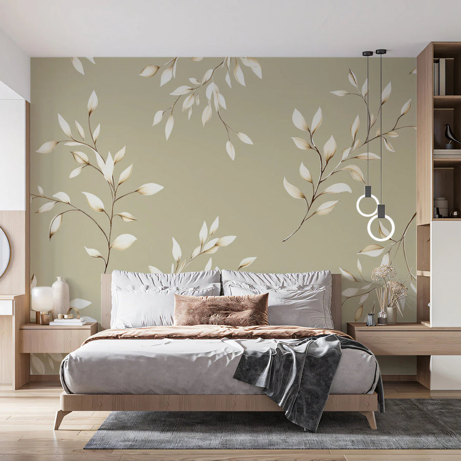 Minimalist Botanical Leaf Mural Wallpaper — Earthy Sage Design Mural Wallpaper