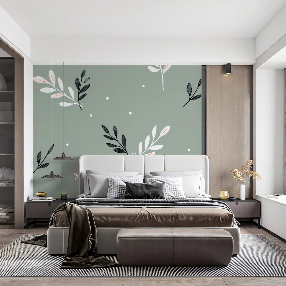 Sage Green Leaf Mural Wallpaper — Modern Botanical Design Mural Wallpaper - pure wallpaper artwork