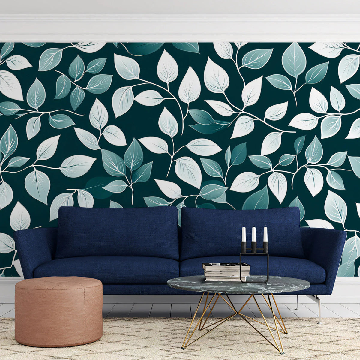 Midnight Botanical Mural Wallpaper — Deep Teal and Silver Leaf Mural Wallpaper - pure wallpaper artwork