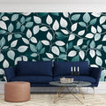 Midnight Botanical Mural Wallpaper — Deep Teal and Silver Leaf Mural Wallpaper - pure wallpaper artwork