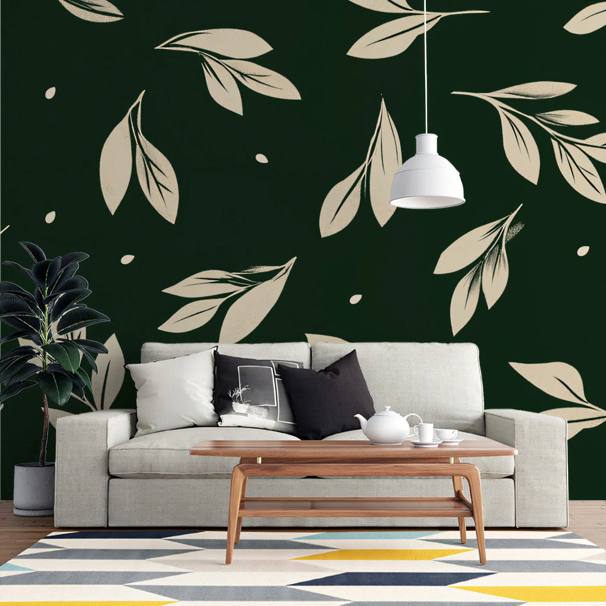 Botanical Leaves Mural Wallpaper in Deep Green and Beige Mural Wallpaper - pure wallpaper artwork