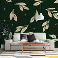 Botanical Leaves Mural Wallpaper in Deep Green and Beige Mural Wallpaper - pure wallpaper artwork