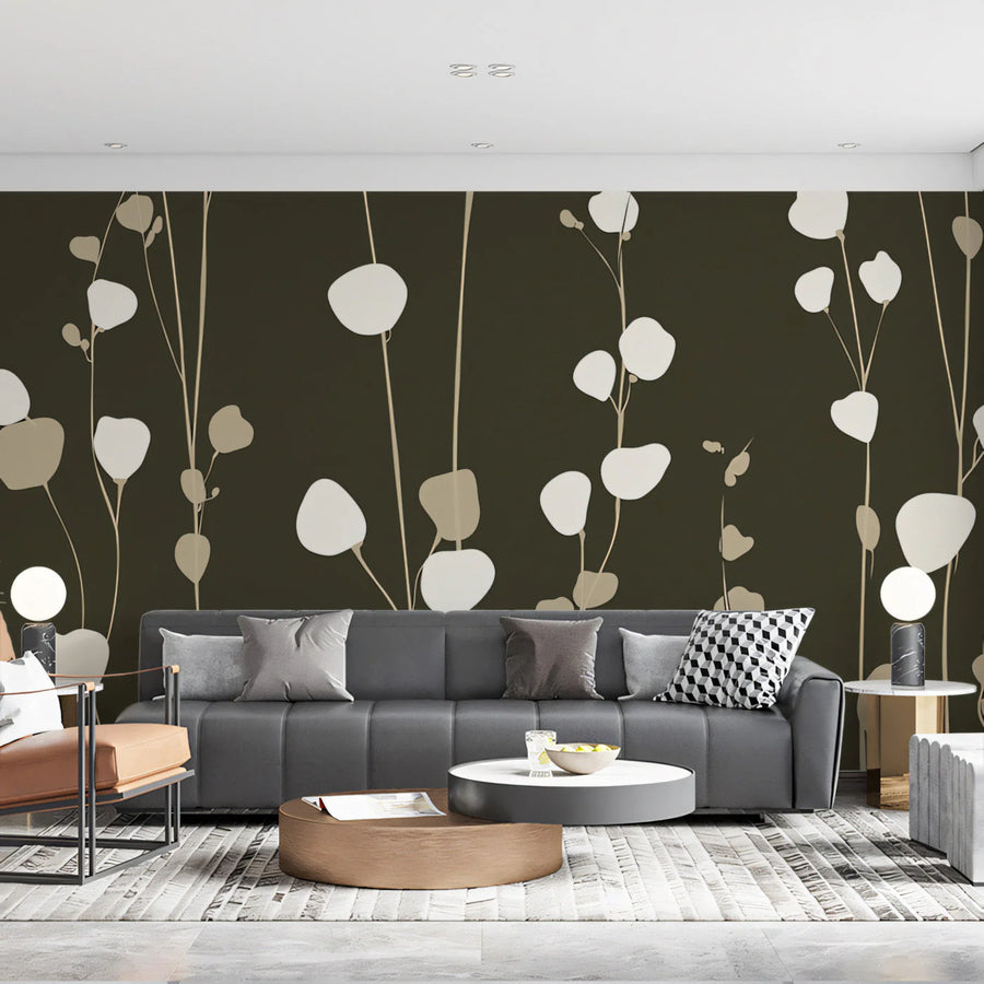 Minimalist Botanical Mural Wallpaper — Olive and Cream Silhouette Mural Wallpaper