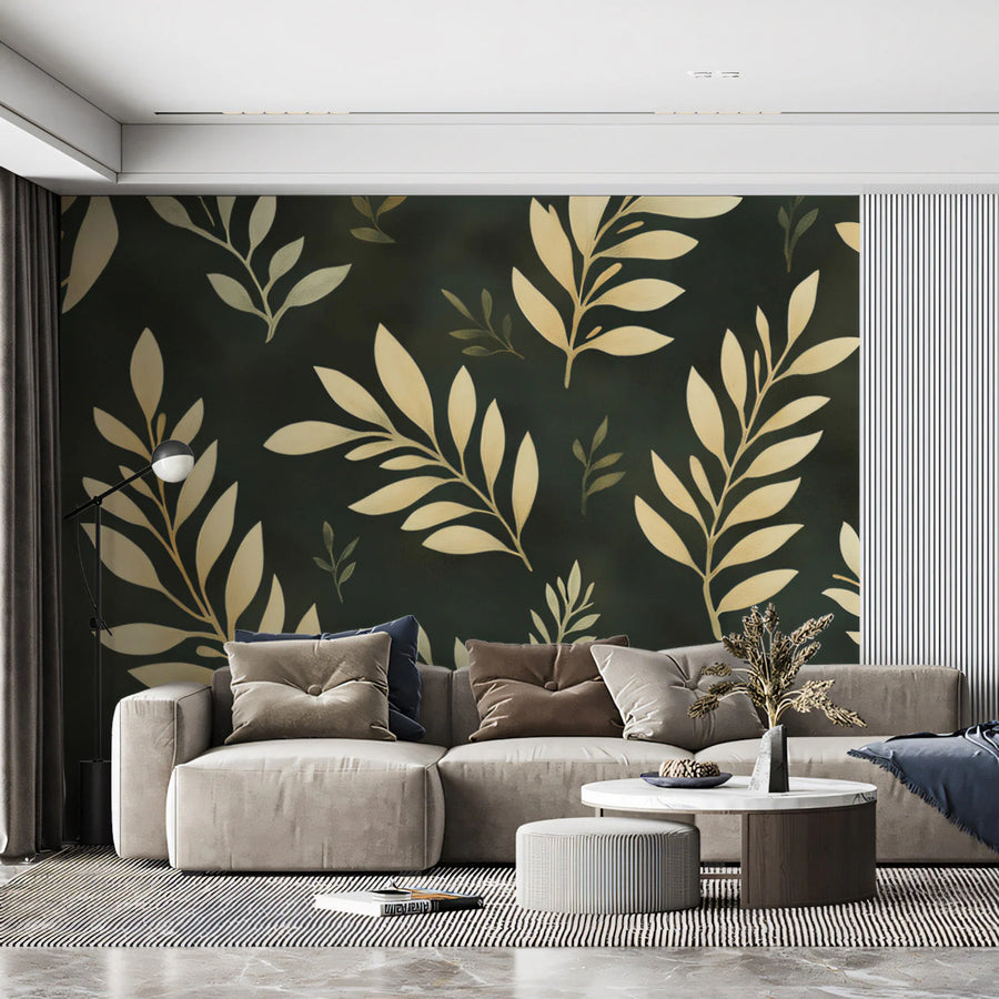 Gilded Foliage Mural Wallpaper — Botanical Dark Green Mural Wallpaper
