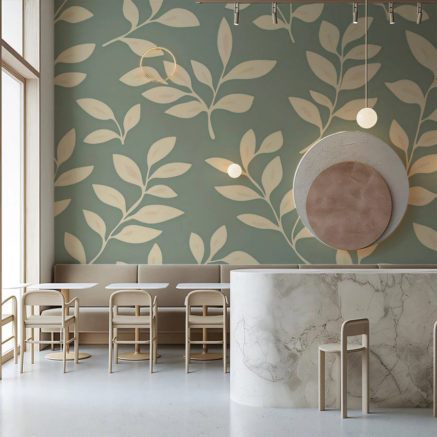Sage Green and Cream Leaf Mural Wallpaper — Minimalist Nature Mural Wallpaper
