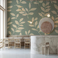 Sage Green and Cream Leaf Mural Wallpaper — Minimalist Nature Mural Wallpaper - pure wallpaper artwork