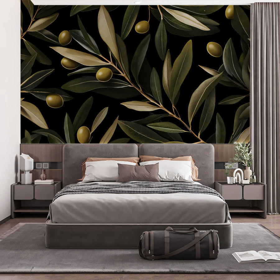 Olive Branch Mural Wallpaper —Sophisticated Botanical Art Mural Wallpaper