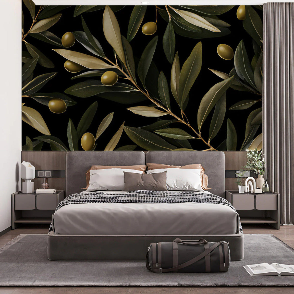 Olive Branch Mural Wallpaper —Sophisticated Botanical Art Mural Wallpaper - pure wallpaper artwork