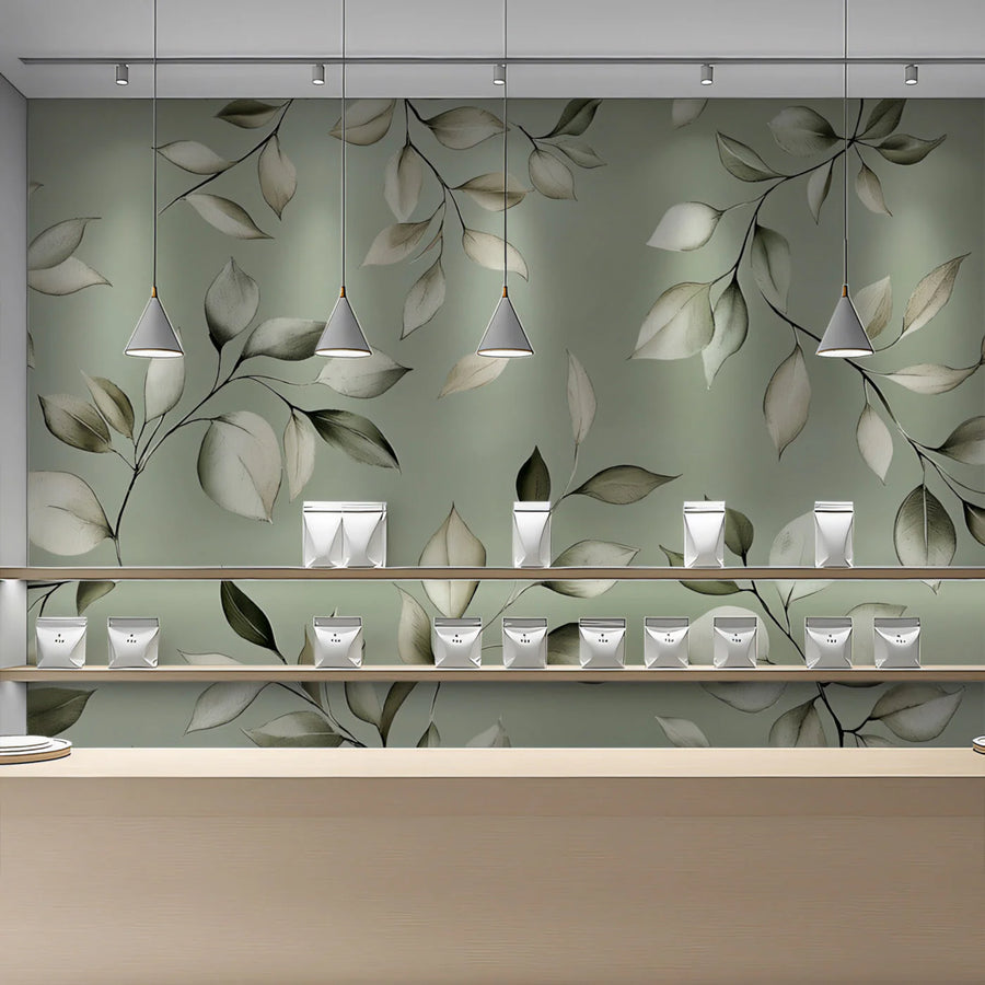Muted Sage Botanical Leaf Mural Wallpaper — Modern Minimalist Mural Wallpaper