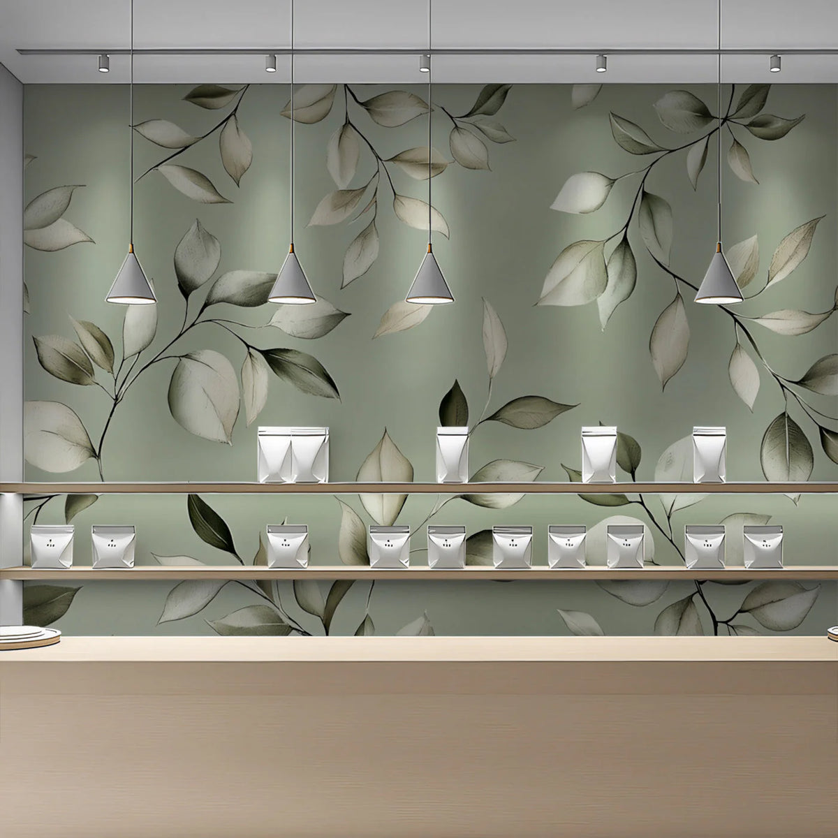 Muted Sage Botanical Leaf Mural Wallpaper — Modern Minimalist Mural Wallpaper - pure wallpaper artwork