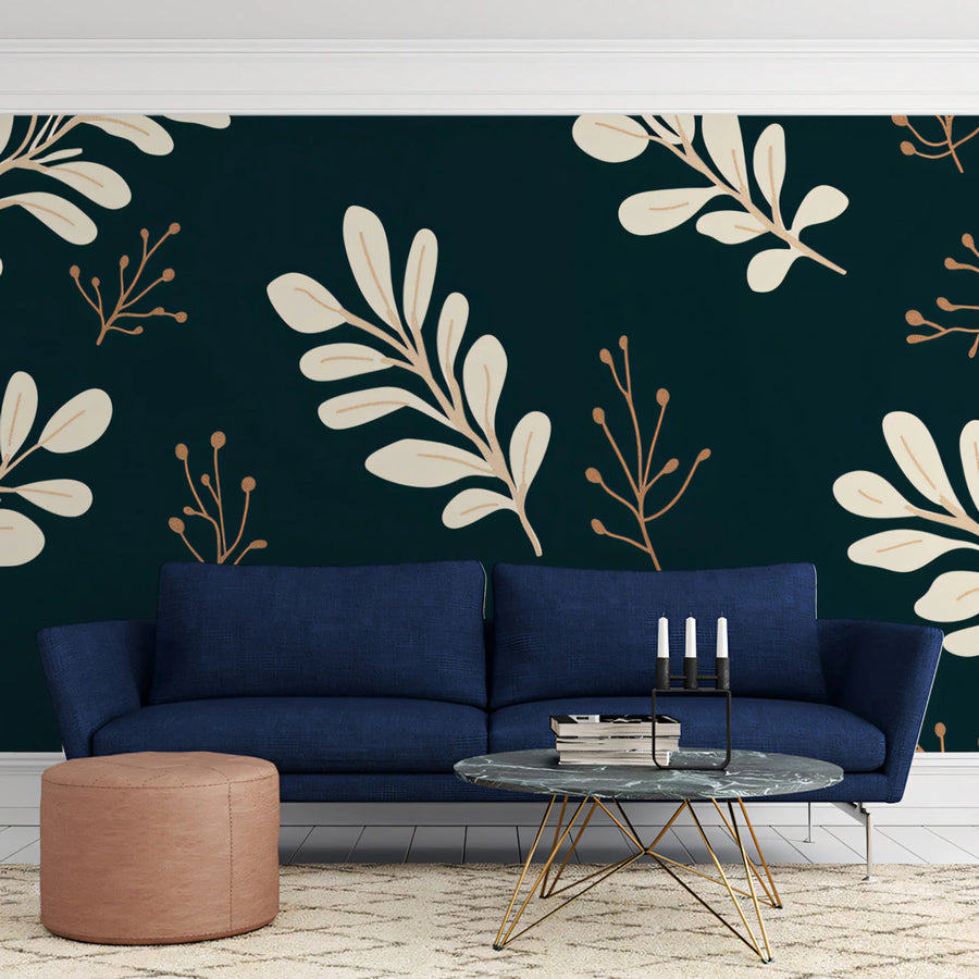 Cream Botanical Leaf Mural Wallpaper — Moody Forest Green Mural Wallpaper