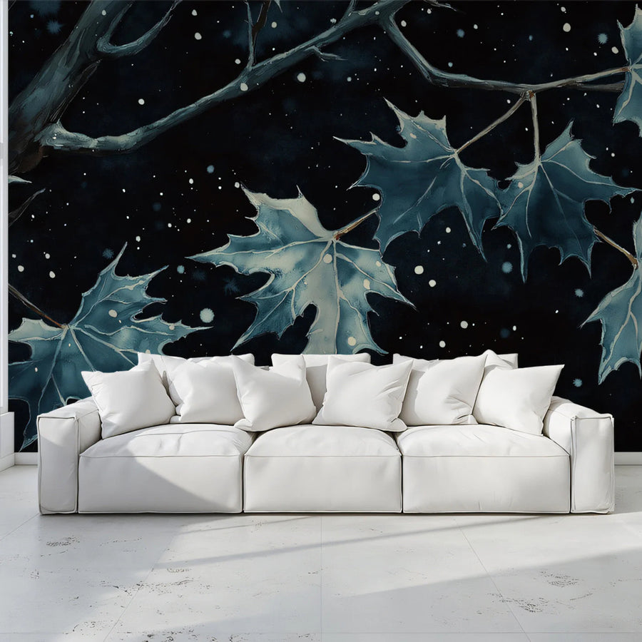 Midnight Leaf Mural Wallpaper — Moody Watercolor Botanical Mural Wallpaper