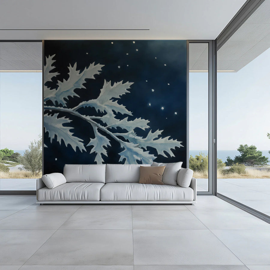 Midnight Frost Leaf Mural Wallpaper — Moody Botanical Art Mural Wallpaper