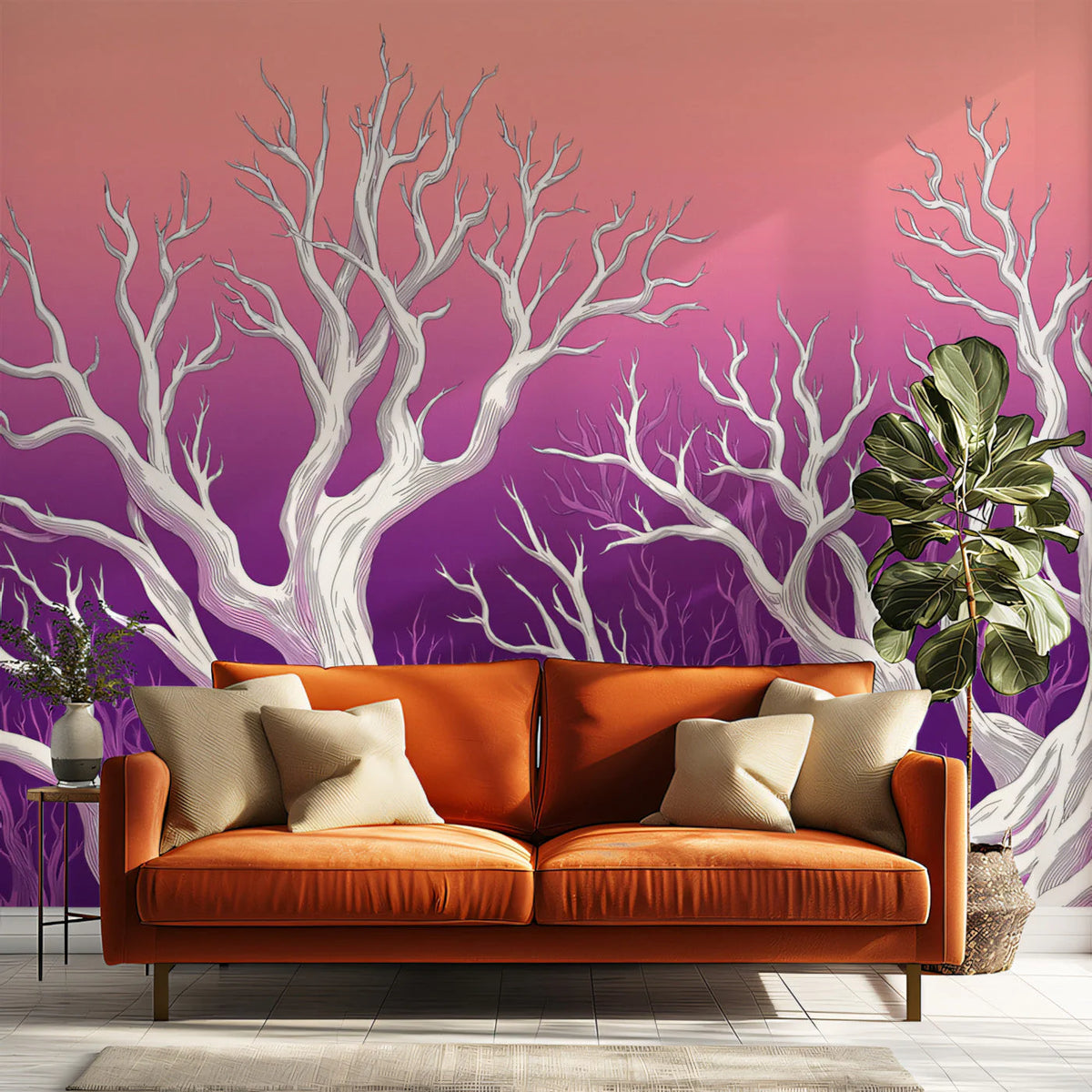 Bare Tree Twilight Gradient Mural Wallpaper — Artistic Modern Mural Wallpaper - pure wallpaper artwork