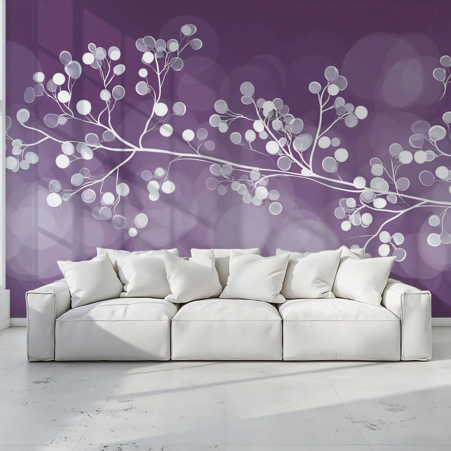 Abstract Berry Branch Mural Wallpaper — Plum and White Minimalist Mural Wallpaper