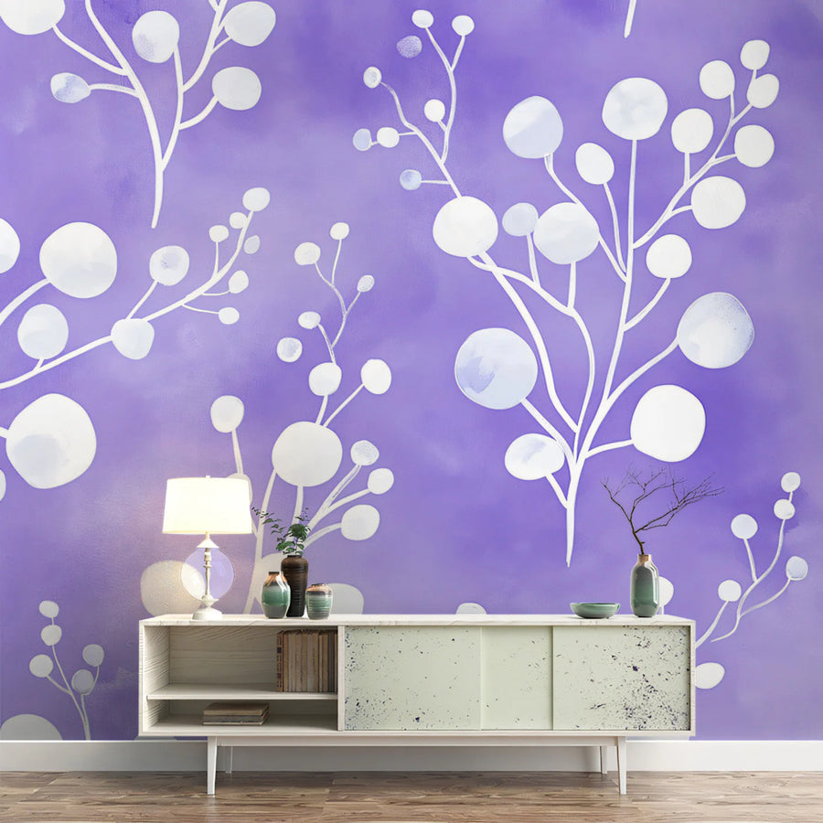 Abstract Berry Botanical Mural Wallpaper — Soft Violet Modern Art Mural Wallpaper