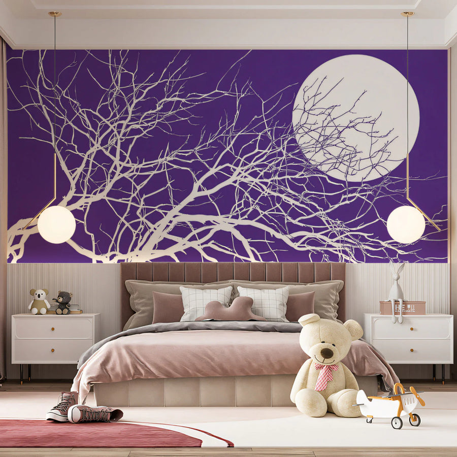 Moonlit Bare Branches Mural Wallpaper — Whimsical Night Scene Mural Wallpaper
