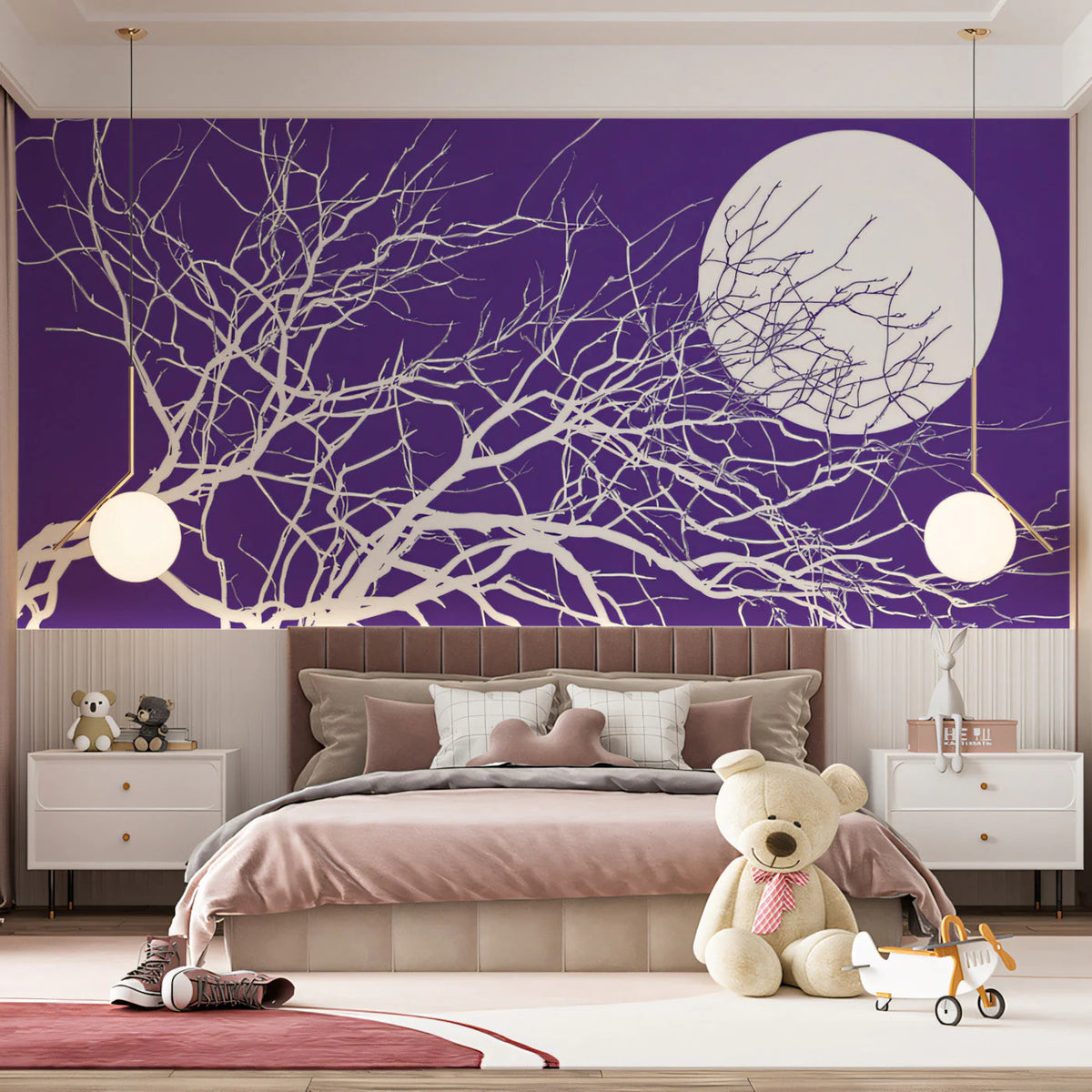 Moonlit Bare Branches Mural Wallpaper — Whimsical Night Scene Mural Wallpaper - pure wallpaper artwork