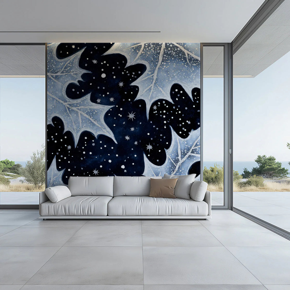 Celestial Frost Leaf Mural Wallpaper — Midnight Botanical Design Mural Wallpaper - pure wallpaper artwork
