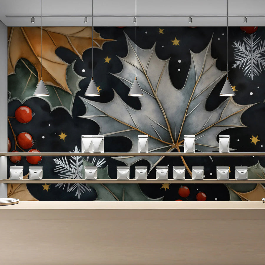 Winter Botanical Mural Wallpaper — Festive Midnight Leaf Pattern Mural Wallpaper