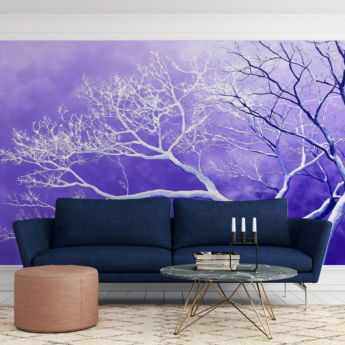 Starlit Violet Branch Mural Wallpaper — Whimsical Night Scenery Mural Wallpaper - pure wallpaper artwork