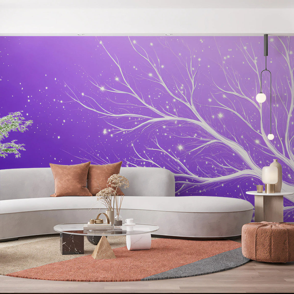 Starlit Violet Branch Mural Wallpaper — Whimsical Night Scene Mural Wallpaper - pure wallpaper artwork