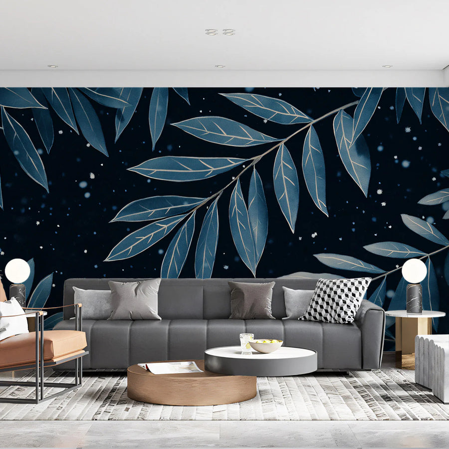 Celestial Leaf Mural Wallpaper — Moody Night Sky Nature Design Mural Wallpaper