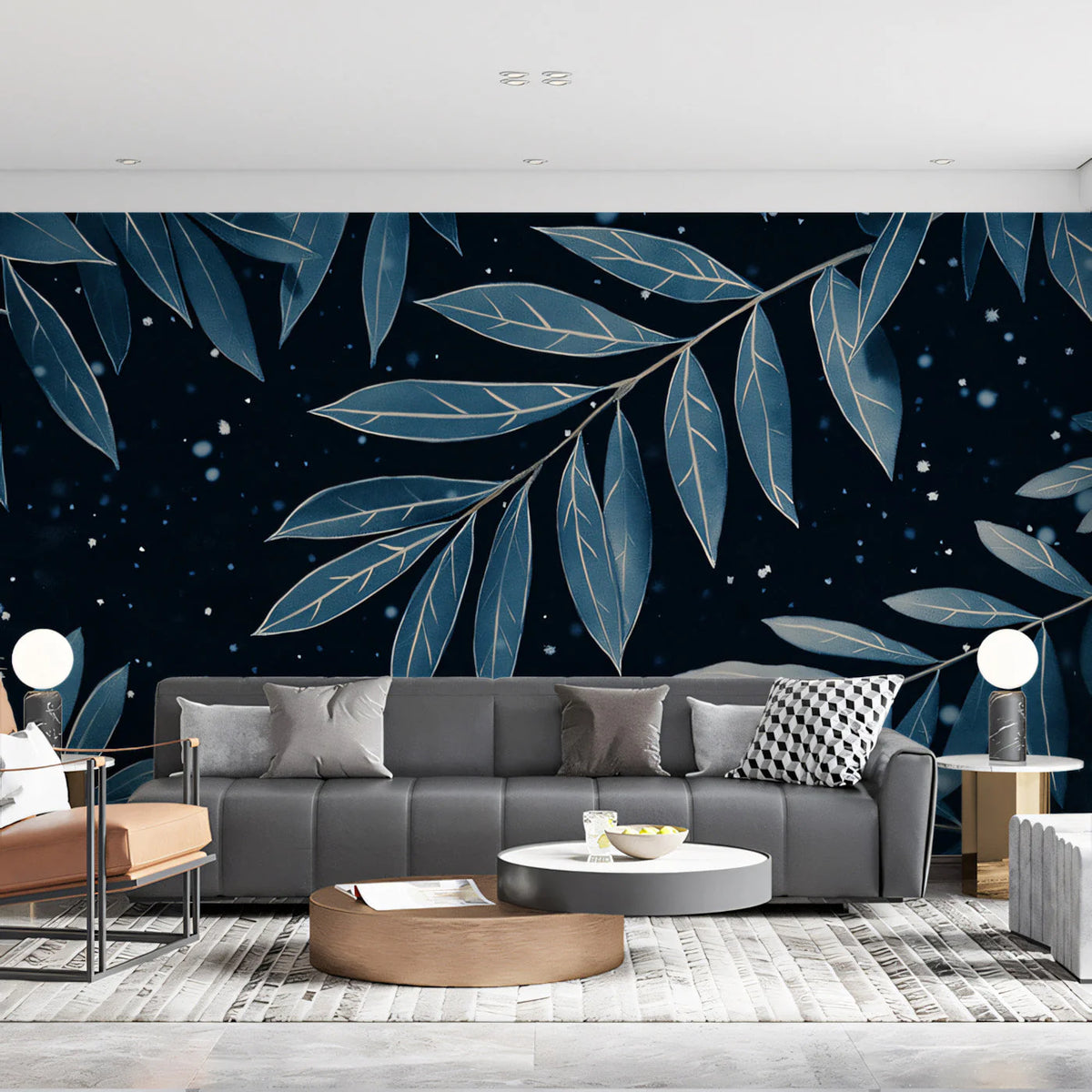 Celestial Leaf Mural Wallpaper — Moody Night Sky Nature Design Mural Wallpaper - pure wallpaper artwork