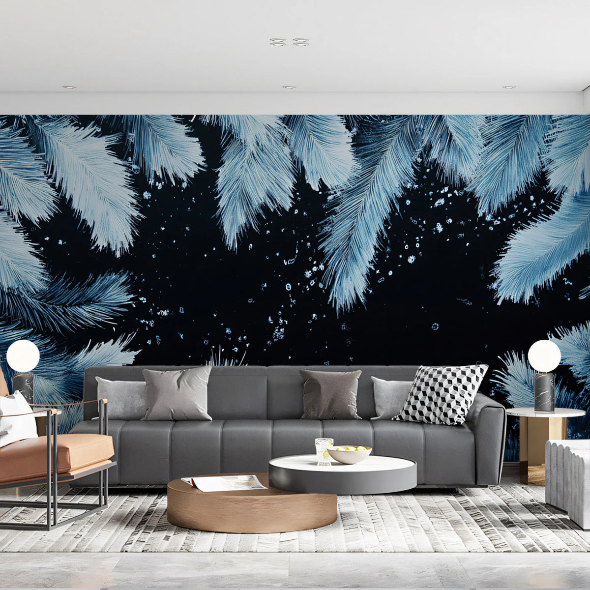 Icy Blue Feather Mural Wallpaper — Modern Botanical Statement Mural Wallpaper - pure wallpaper artwork